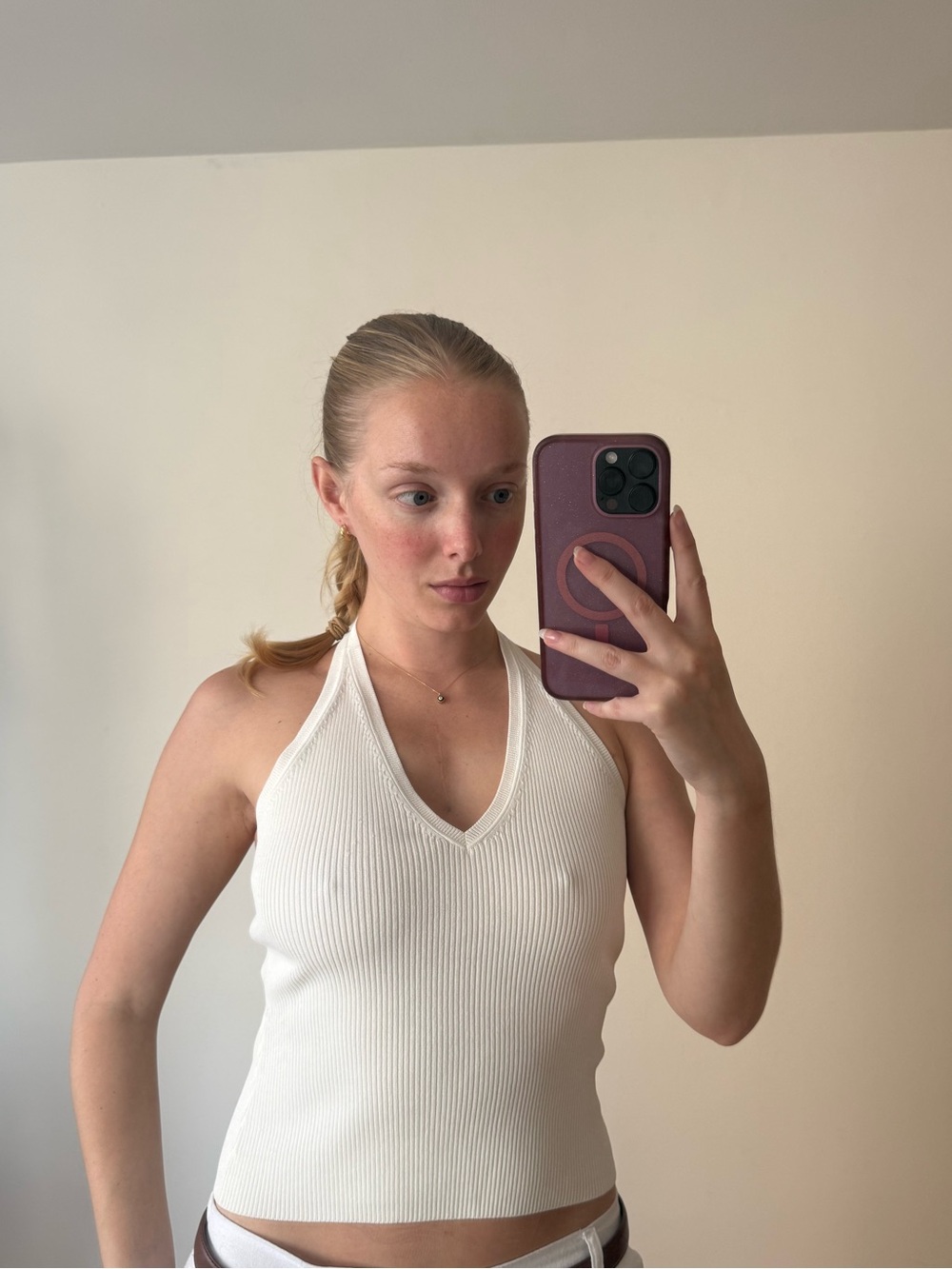 Club Monaco Cream Ribbed V-Neck Halter Camisole